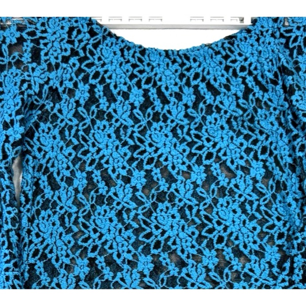 Womens  L Black Turquoise Flare Sleeve Lace Burnout Stretch Top Y2K Whimsigoth - Picture 2 of 11